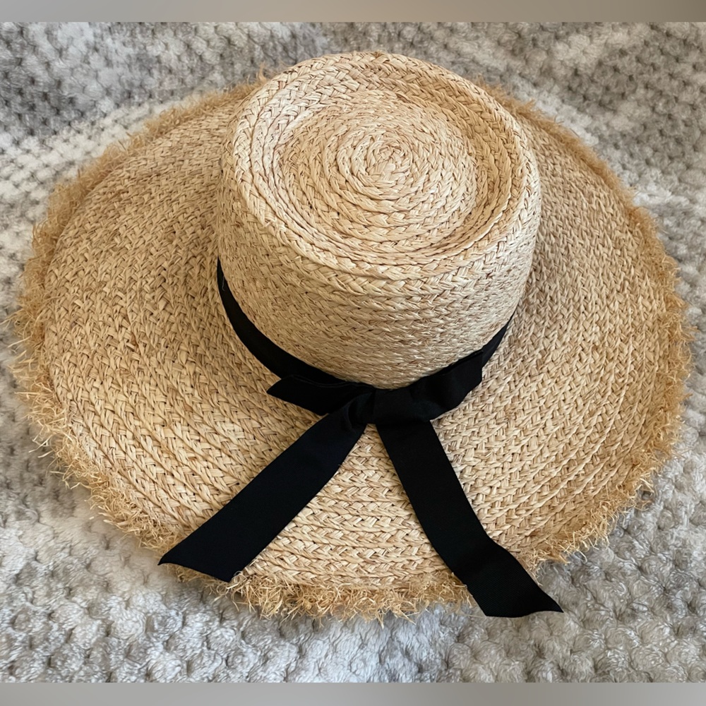 Straw Hat with Black Ribbon by Pretty Simple, wide brim